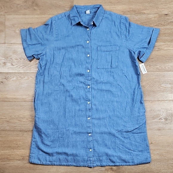 NWT Old Navy 100% Cotton Denim Blue Button Down Short Sleeve Shirt Dress - Picture 3 of 16
